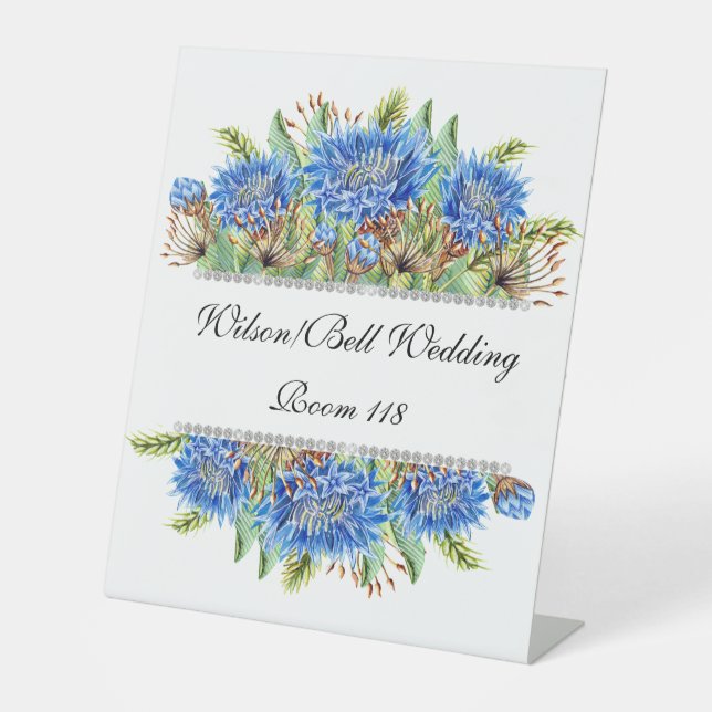 Blue Cornflower Diamond Bling Wedding  Pedestal Sign (Front)