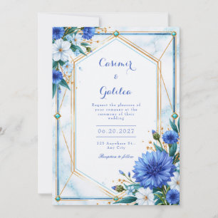 Blue Cornflower Geometric Border Wedding Invitation
