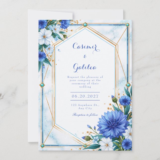 Blue Cornflower Geometric Border Wedding Invitation (Front)