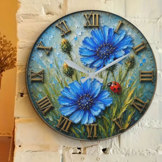 Blue Cornflower Ladybug Wildflower Botanical Large Clock (Creator Uploaded)