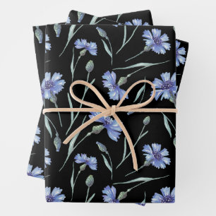 Blue Cornflower Pattern Black Background  Wrapping Paper Sheet