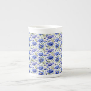 Blue Cornflower Seamless Pattern, Blue Floral Bone China Mug