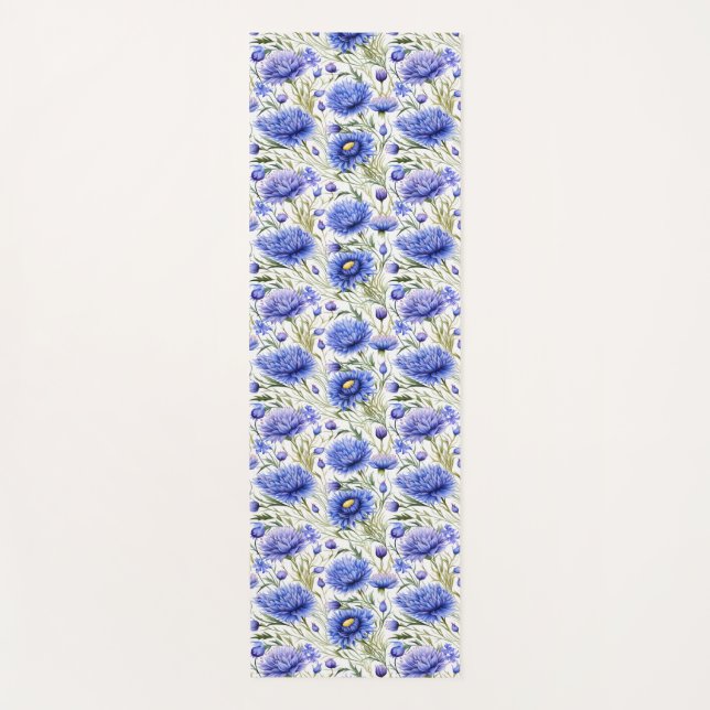 Blue Cornflower Seamless Pattern, Blue Floral Yoga Mat (Front)