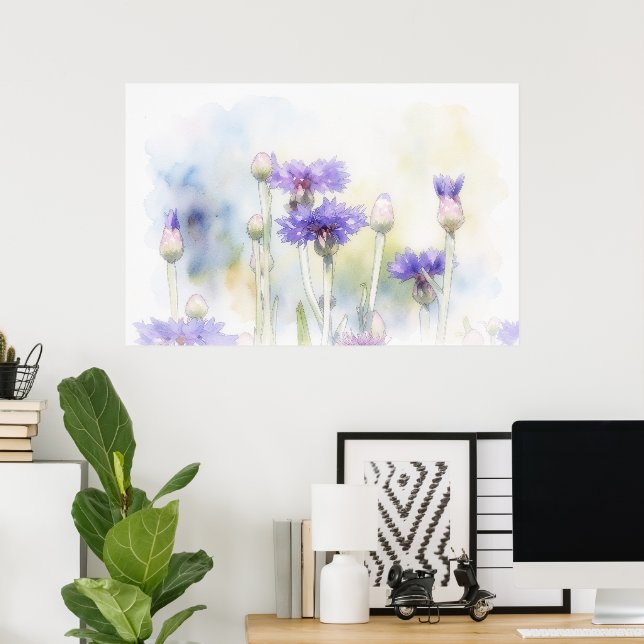 Blue Cornflower Watercolor Style Art Print (Home Office)