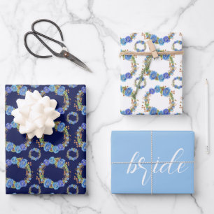 Blue Cornflower Wreath Bridal Shower Wrapping Paper Sheet