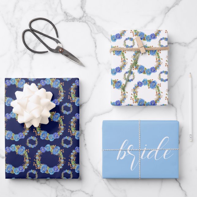 Blue Cornflower Wreath Bridal Shower Wrapping Paper Sheet (Front)