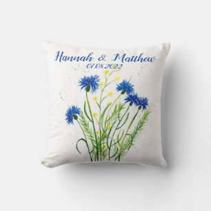 Blue cornflowers floral watercolor pretty Wedding Cushion