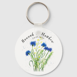 Blue cornflowers floral watercolor pretty Wedding Key Ring