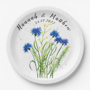 Blue cornflowers floral watercolor pretty Wedding  Paper Plate