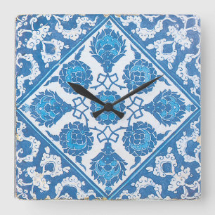 Blue Cornflowers Vintage Blue White Tile Square Wall Clock