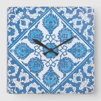 Blue Cornflowers Vintage Blue White Tile Square Wall Clock