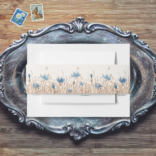 Blue Cornflowers & Wheat Cream Modern Wedding Invitation Belly Band