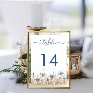 Blue Cornflowers &Wheat Field Cream Modern Wedding Table Number
