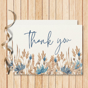 Blue Cornflowers & Wheat Field Modern Wedding Thank You Card