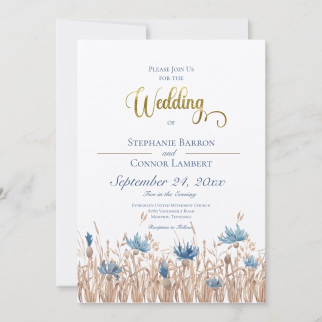 Blue Cornflowers & Wheat Field Wedding Invitation (Front)