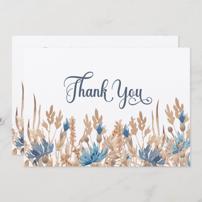 Blue Cornflowers & Wheat Field Wedding Thank You Card (Front/Back)