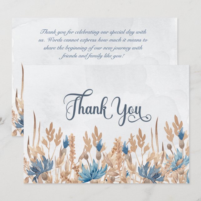 Blue Cornflowers & Wheat Field Wedding Thank You Card (Front/Back)