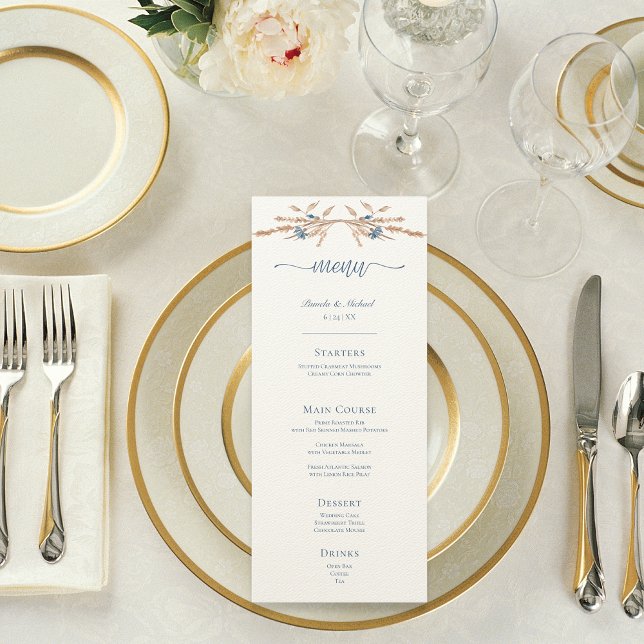 Blue Cornflowers & Wheat Modern Cream Wedding Menu (Blue Cornflowers & Wheat Modern Cream Wedding Menu)