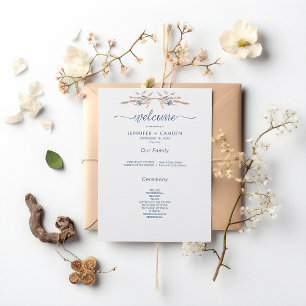 Blue Cornflowers & Wheat Modern White Wedding Programme