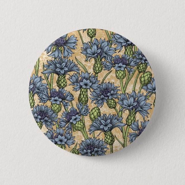 Blue cornflowers, wild flowers on honney yellow 6 cm round badge (Front)