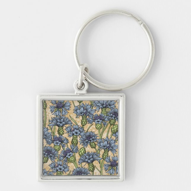Blue cornflowers, wild flowers on honney yellow key ring (Front)
