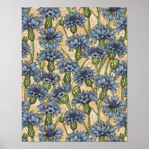 Blue cornflowers, wild flowers on honney yellow poster