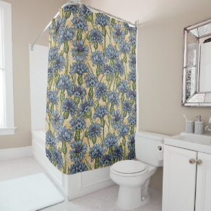 Blue cornflowers, wild flowers on honney yellow shower curtain