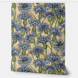 Blue cornflowers, wild flowers on honney yellow wallpaper