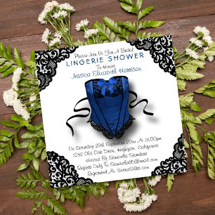 Blue Corset & Black Lace Lingerie Shower Invitation