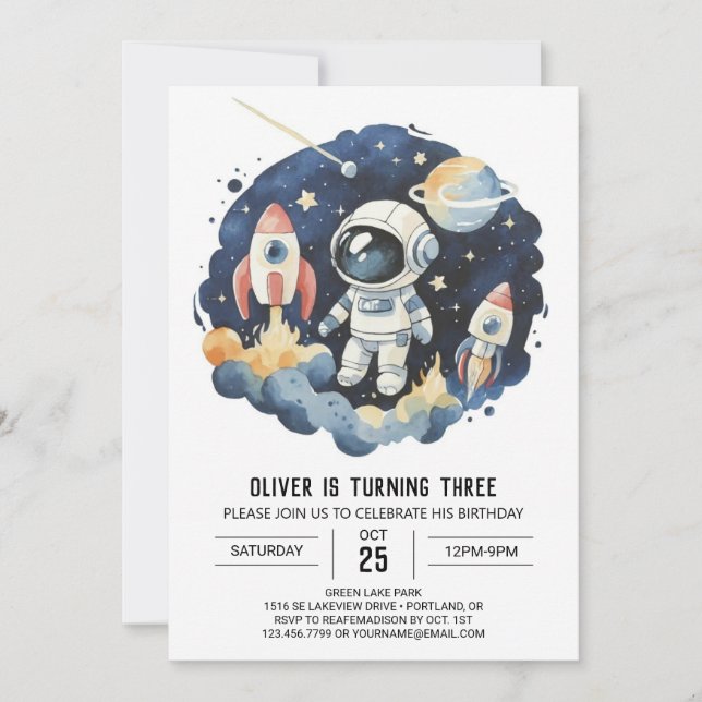Blue Cosmic Cute Astronaut Boy Birthday Invitation (Front)