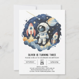 Blue Cosmic Cute Astronaut Boy Birthday Invitation