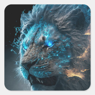 Blue Cosmic Glow Fire Lion Square Sticker