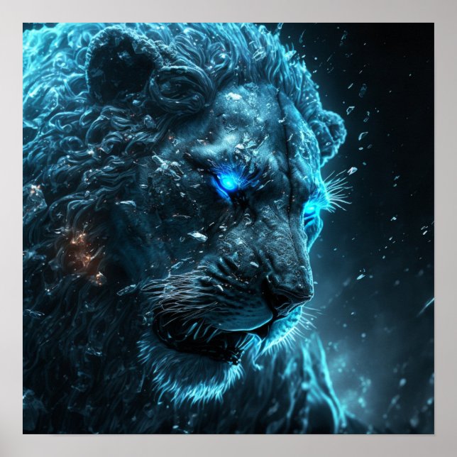 Blue Cosmic Glow Lion Poster (Front)