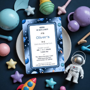 Blue Cosmic Rocket and Planet Birthday Party  Invitation