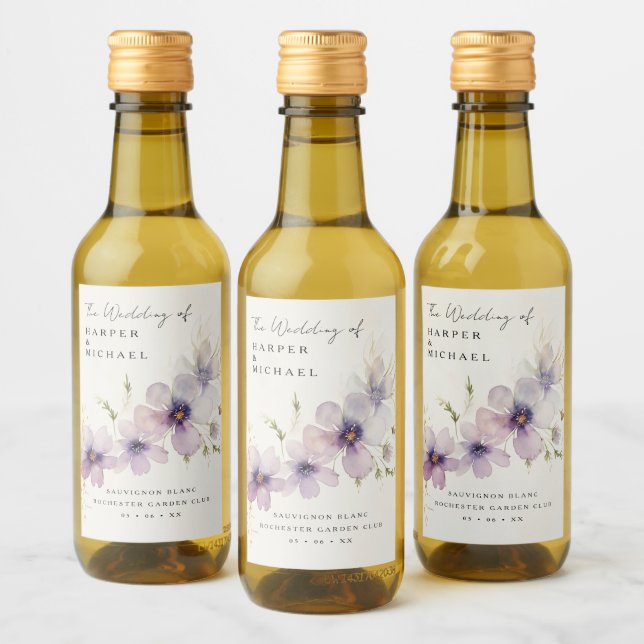 Blue cosmos flowers personalised wedding wine label (Bottles)
