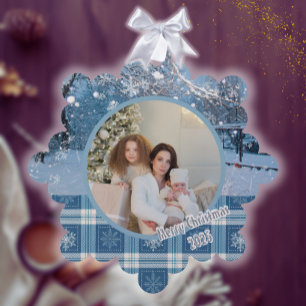 Blue Cosy Plaid Snowy Winter Photo Christmas Tree Decoration Card