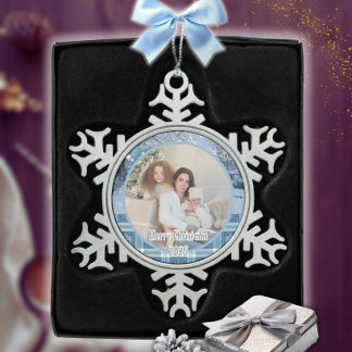 Blue Cosy Plaid Snowy Winter Photo Snowflake Pewter Christmas Ornament
