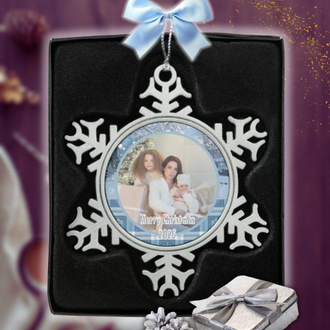 Blue Cosy Plaid Snowy Winter Photo   Snowflake Pewter Christmas Ornament (Creator Uploaded)