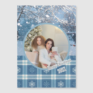 Blue Cosy Plaid Winter Christmas Magnetic Card