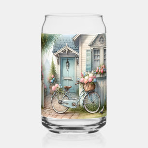 Blue Cottage Bike with Spring Flower Basket Can Glass