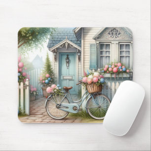 Blue Cottage Bike with Spring Flower Basket Mouse Mat