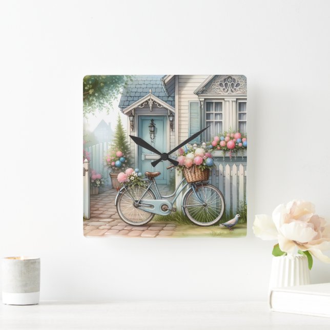 Blue Cottage Bike with Spring Flower Basket Square Wall Clock (Home)