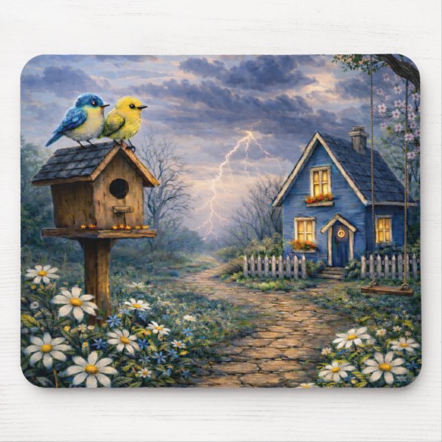 Blue Cottage Birdhouse Storm Mouse Pad (Front)