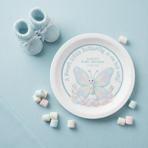 Blue Cotton Candy Butterfly Boy Baby Shower Paper Plate