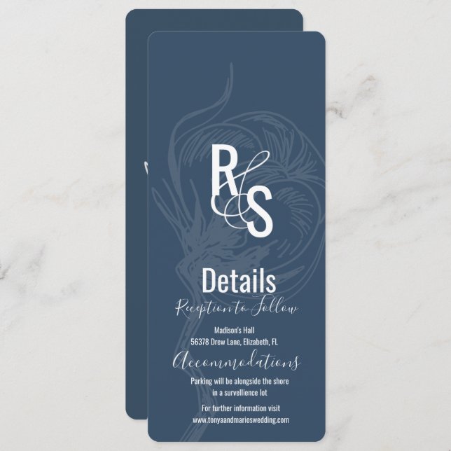 Blue Cotton Plants Line Art Wedding Details Invitation (Front/Back)