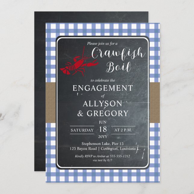 Blue Country Checks Crawfish Boil Engagement Party Invitation (Front/Back)