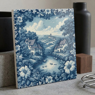 Blue Country French Farmhouse Water Canal Scenery Tile