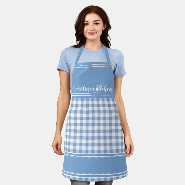 Blue Country Gingham Decor Farmhouse Personalised Apron (Worn)