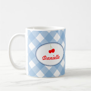 Blue country gingham pattern red cherry personal coffee mug