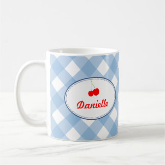Blue country gingham pattern red cherry personal coffee mug